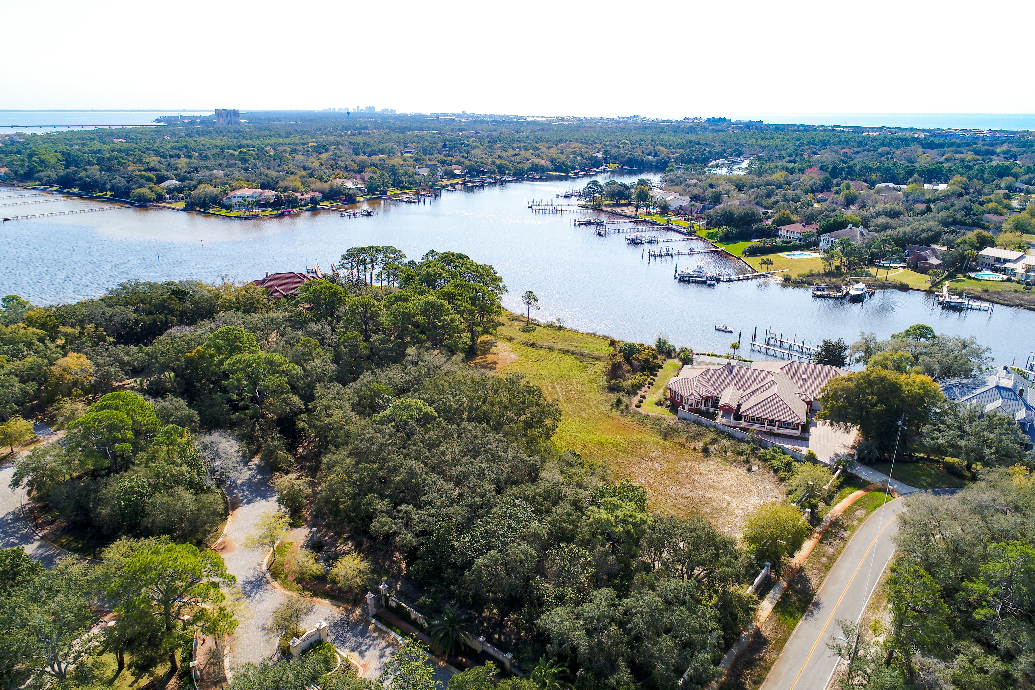 An aerial view of homes around the Bayou at Estates at Indian Pointe